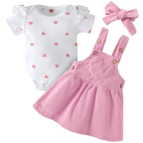 Asmea Babyflickkläder 0–18 månader, sommarset i 3 delar, kortärmad bodysuit + bandklänning, pannband, kärlekstryck, nyfödd outfit, nyfödd present flicka utflykt, dagligen, fotografi