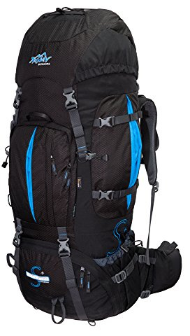 Tashev Outdoors Mount S+ Trekkingrucksack Front und Toplader Wanderrucksack Damen Herren Backpacker Rucksack groß 100l Plus 20l mit Regenschutz (Hergestellt in EU) (Schwarz & Blau)