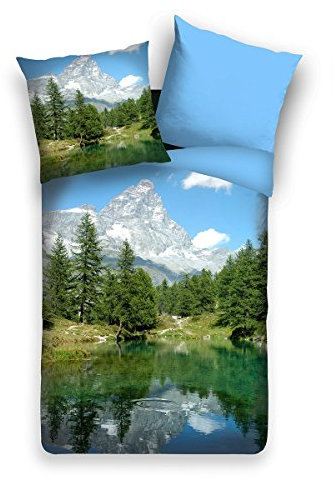 Traumschlaf Renforce Bettwäsche Set • Panorama Look Bergsee • Pflegeleicht • mit Reißverschluss •