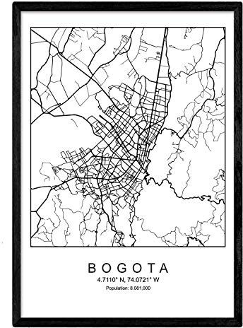 Nacnic Lámina Mapa de la Ciudad Bogota Estilo nordico en Blanco y Negro. Poster tamaño A3 Sin Marco Impreso Papel 250 gr. Cuadros, láminas y Posters para Salon y Dormitorio