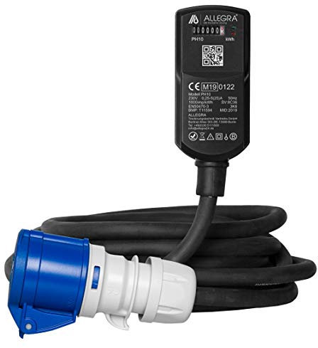ALLEGRA Stromzähler für Caravan Camping Wohnmobile Steckdose MID geeicht Strom Schukostecker Zwischenzähler Stromverbrauch Messgerät mit 10m CEE Kupplung Adapter PH10