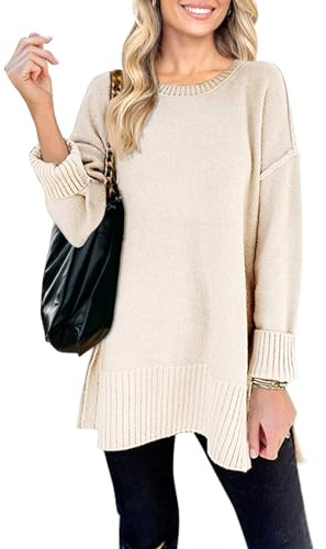 MEROKEETY Women's 2025 Fall Winter Oversized Pullover Sweater Casual Loose Crew Neck Long Sleeve Side Split Jumper Tops,Beige,L