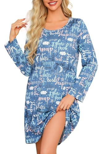 MIA LUCCE Camicia da notte da donna, a maniche lunghe, morbida, lunga, Alfabeto blu, XXL