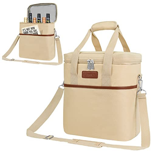 Opux 6 Bottle Carrier Tote | Insulated Padded Cooler Bag for Travel, Picnic, BYOB | Portable Leakproof Wine Tote for Dinner, Party, Christmas, Gift for Women, Men (Cream Beige)