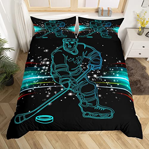 EisEishockey Bettbezug Set Eissport Spiele Drucken Bettwäsche Set 135x200cm Eishockey Spieler Neon Color Betten Set für Jungs Mädchen Kinder Jugendliche Bettwäsche Puck Eishockey Bettwäsche 2 Stk