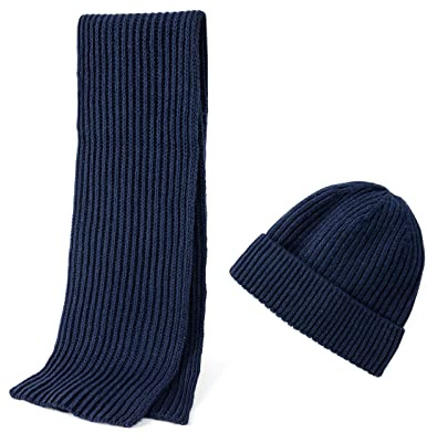 Winter Merino Wool Hat and Scarf Set for Men, Warm Knit Beanie Hats Long Scarves Set for Women Men (Navy)