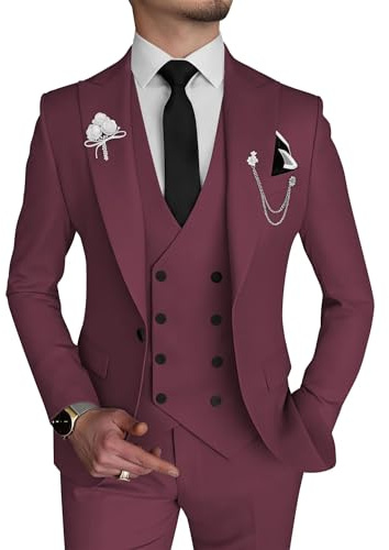 Wangyue - Traje de 3 piezas ajustado para hombre, traje de doble botonadura para hombre, traje formal para boda, graduación, cena, fiesta, Borgoña sólido, XX-Large