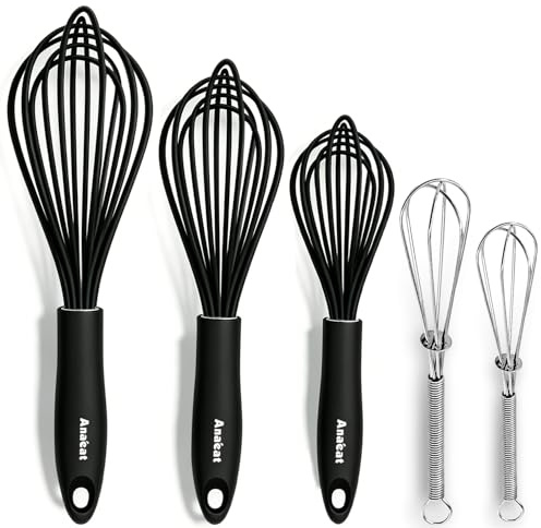 Anaeat Kitchen Whisk Set of 5, Perfect for Non-Stick Cookware, Egg Beater Milk Blender for Whisking, Cooking, Baking - 5+7 Mini Wire Whisk and 9''+11''+12'' Silicone Balloon Whisks (Black)