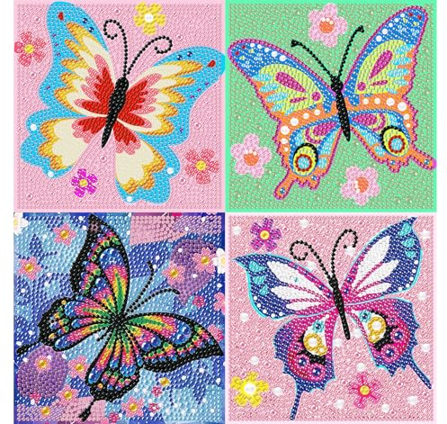 Set di 4 Farfalle 5D Diamond Painting per Bambini, Fai Da Te, 6-12 Anni, Regalo dai 6 Anni, 15 x 15 cm