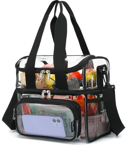 FlowFly Clear Bag Double Decker Lunch Bag for Stadium Events Adult Large Transparent Tote for Men, Women, With Adjustable Strap and Front Pocket, Work and Sporting Events, Clear#Black