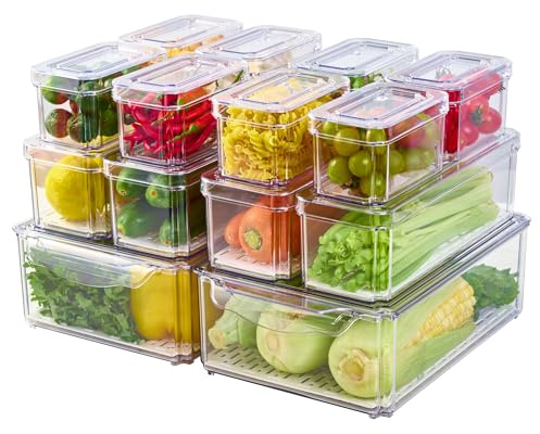 JollyPack 14 Pack Fridge Organizers, Refrigerator Organizer Bins with Lids, BPA Free Stackable Fruit Storage Containers for Fridge, Vegetables, Food and Drinks