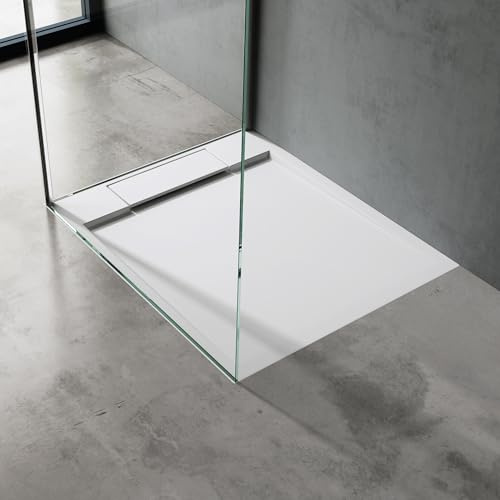 doporro Plato de Ducha 70x80x4cm Mármol Fundido en Blanco Conexiones DIN apto para Instalación a ras de Suelo Geoma04