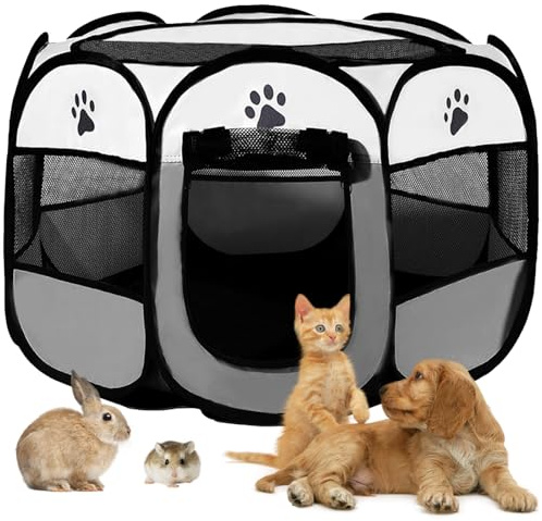 BRIMOREA Enclos pour Chiot - 114 x 114 x 59 cm - Enclos d'intérieur pour Chien et Chiot - pour Appartement, Cage à Chat, Lapin, enclos pour Petits Animaux, intérieur et extérieur (Gris)