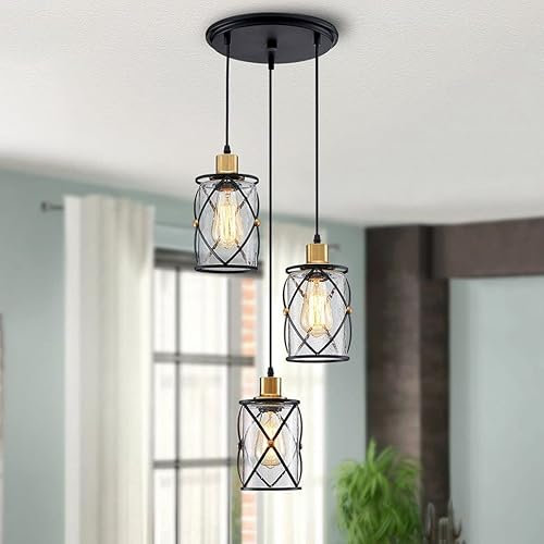 Lampadario semifulto semifulto Industriale a Canottiere a 3 luci a Bordo classa in Vetro Semi di Vetro per Ingresso Foyer Cucina Sala da Pranzo Bagno w29 e27 Base Nero con Ottone