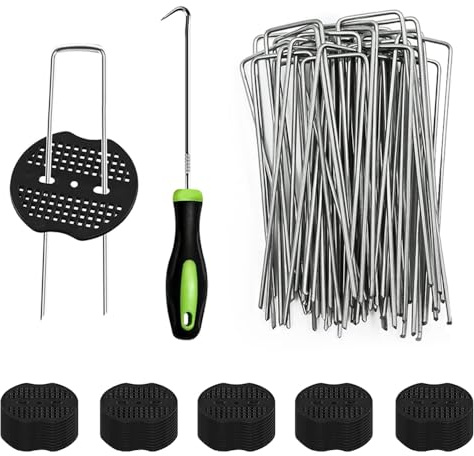 50 ancoraggi a terra + 50 dischi tamponi, Picchetti Giardino, picchetti a forma di U, picchetti zincati, Antiruggine Picchetti Giardino, Picchetti Telo Pacciamatura, Picchetti in Acciaio Zincato