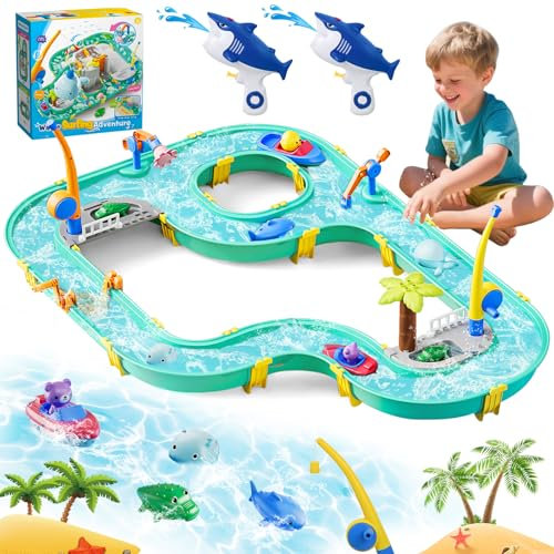 Joellfuner Wasserbahn Kinder Draußen, Wasserbahnset mit 2 Booten, 6 Tierfiguren, 2 Wasserpistolen und Angelfunktion, 2 in 1 Wasserspielzeug Kinder Outdoor, Wassertisch Spielzeug für Kinde ab 3+