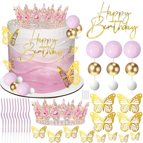 AMZVALU Crown Cake Topper, Happy Birthday Cake Toppers Pink Crown Balls Candles Gold Butterflies, Corona Para Pastel, Cake Decorations for Women Princess Queen Birthday Party Wedding (Rose Gold)