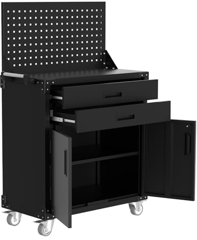 GarveeHome Rolling Tool Cabinet, Heavy Duty Steel Garage Storage Cabinet with 2 Drawers, Pegboard & 4 Wheels, Lockable Tool Cart Workbench for Workshop, Warehouse
