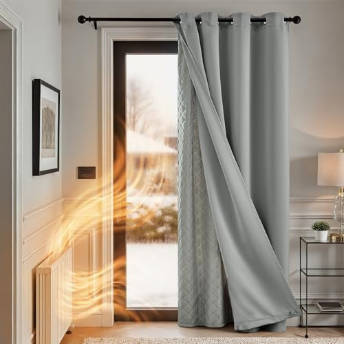 TOPICK Light Grey Blackout Thermal Curtain with Detachable Layer W52 xL90 | 1 Panel, Windproof, Soundproof Eyelet Curtains, 2 Layer Thick Insulated Microfiber Lining for Bedroom, Living Room, Door