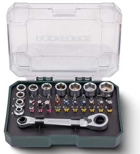 Rockforce 31-tlg 1/4 Zoll Steckschlüsselsatz – Mini Ratsche, Knarrenkasten, Bit Set und Nüsse aus Cr-V im kompakten Werkzeugkoffer – Nusskasten für Auto, Kfz, Werkstatt und Heimwerker