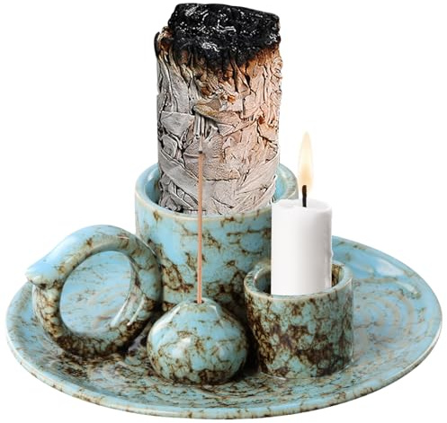 Porta Incenso 4 in 1, Vassoio Raccogli Cenere in Ceramica, Supporto per Salvia per Combustione, Bruciatore per Incenso Palosanto con Raccoglitore Cenere per Meditazione, Yoga, Ufficio (B)