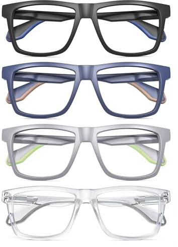 MODFANS Varillas de Goma,Un Pack de 4 Gafas de Lectura Hombres Anti Luz Azul,Lente Clara,Vision Clara,Ligeras Comodas,Colores Mezclados