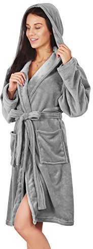 DecoKing Bademantel mit Kapuze XS kurz Damen Herren Unisex Morgenmantel weich leicht flauschig Mikrofaser Fleece Robby stahl
