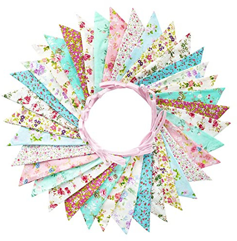 G2PLUS 36PCS Double Sided Fabric Bunting, 10M Blue and Purple Floral Cotton Banner, 17x19CM Large Triangle Garland Reusable for Indoor and Outdoor Party Decoration