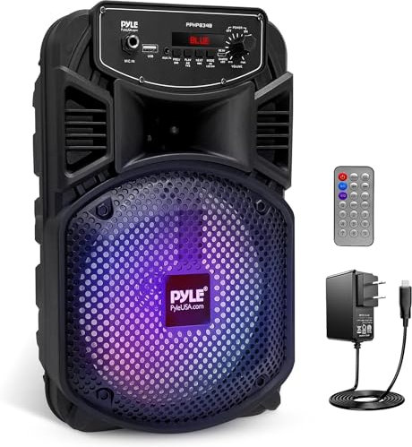 Pyle Sistema de Altavoces, PA, 300W, Bluetooth, portatil, Recargable, Exteriores, subwoofer de 8”, Tweeter de 1”, función de grabación, micrófono, Luces de Fiesta, Radio USB/SD, Color Negro