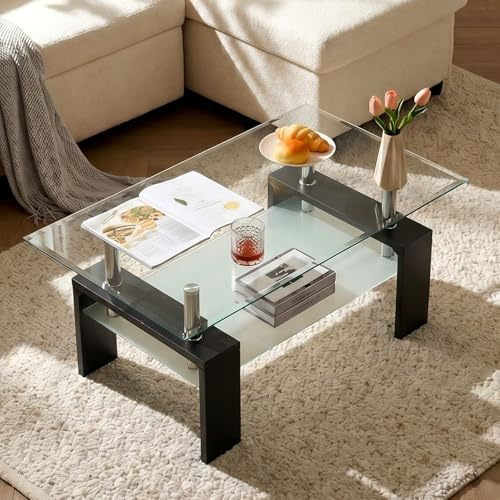 LEMROE Modern Rectangle Coffee Table with Metal Frame Tempered Glass Side Table with Storage Shelves Living Room Furniture (Black)