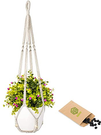 SEED Macetero Colgante de macramé 100% algodón – Hecho a Mano, Adaptable a macetas de 10–25 cm – Ideal para decoración Boho en Interiores y pequeños Espacios – Incluye Semillas de Regalo