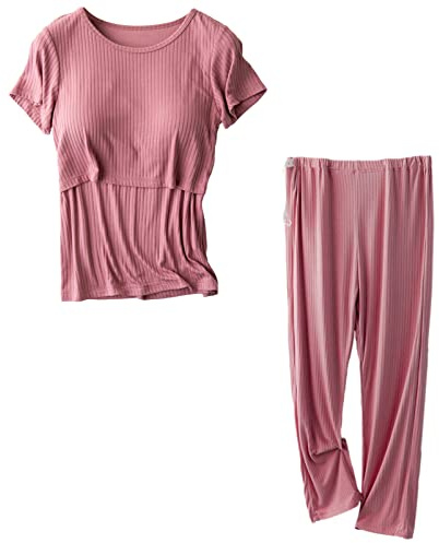 aromm Set Pigiama Donna Premaman Maniche Corte Camicie Infermieristiche Top e Pantaloni Lunghi Casual Set Ciliegia,XXL
