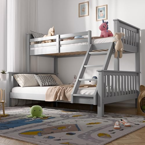Blisswood Bunk Bed With 2x Mattress, 4ft6 Double & 3ft Single Wooden Triple Bunk Beds With Ladder Triple Sleeper Kids Bunk Bed, Solid Pine Wood Frame Children Single Double Bed Frame (Grey)