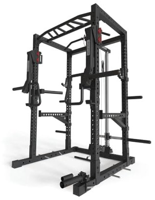 Atletica R7-Kano Power Rack | Storlek 200 cm höjd | Power Rack med latsdrag/roddstation, jammer/spotter arms, pull-up/dip bar, J-krokar, viktstift, landmina, bandpegs