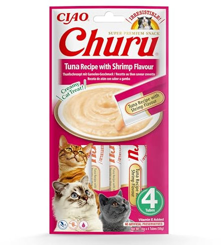 INABA Churu Püree Katzensnacks - Katzenpaste zum Füttern aus der Hand - Katzensticks mit Thunfisch & Garnelen - 4 Sticks x 14 g