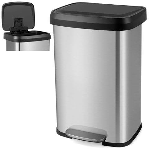 COSTWAY 50L/68L Kitchen Bin, Soft Closure Stainless Steel Recycling Pedal Bin with Deodorizer Box, Handle and Non-slip Base, Fingerprint-Proof Rubbish Trash Can Dustbin (50L,Silver)