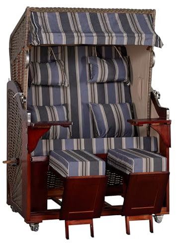 Webavita Strandkorb Karibik Blau Grau | 2-Sitzer Halblieger aus Pinienholz | Für Garten Terrasse Balkon | Urlaubsfeeling mit Gartenmöbeln