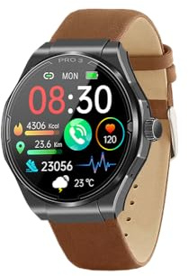 Knauermann PRO 3 (2024) Schwarz - Gesundheitsuhr Smartwatch mit Telefoniefunktion - EKG + HRV und SOS Funktion - AMOLED Display- BT Bluetooth - Schlafapnoe - Echtlederband Braun, 14-24, rund