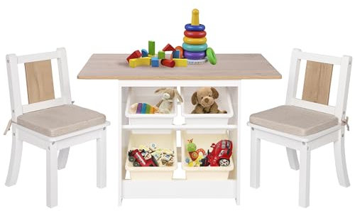 ONVAYA® Kindertisch-Set mit Stühlen | Weiß-Holz | Kindersitzgruppe mit Stauraum | Kindermöbel-Set mit Tisch und 2 Stühlen | Kindertischgruppe aus Holz | Sitzgruppe fürs Kinderzimmer