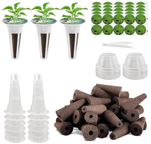 WDKXCN Wachstumsschwämme, 50 Stück Ersatz-Zuchtschwämme, Hydroponic System, Hydroponisches Anzuchtsystem mit 50 Etiketten, 12 Pflanzenkorb, 12 Isolierenden und Pinzette, Hydroponics Garten Zubehör