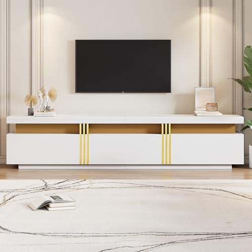 Jaxenor 200cm TV Unit with Faux Marble Top, Golden Panel Design TV Stand Cabinet Unit for Televisions Up to 89'', Entertainment Center for Living Room, 3 Drawers, White