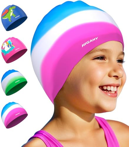 Badekappe Kinder - wasserdichte Badehaube für Jungen Mädchen, Silikon Schwimmkappe für 3-15 Jahre, Bequeme Badekappekinder mit UV-Schutz und rutschfest, Geeignet für Schwimmen Tauchen