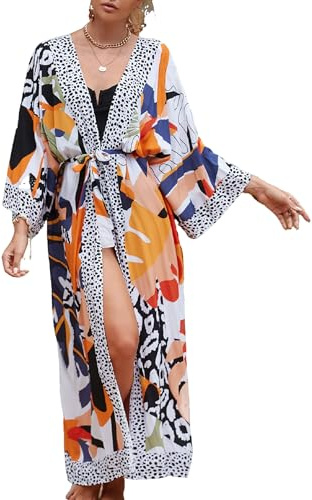 Jarseila kaftan dam strandklänningar lång kofta boho kimono cardigan strand sommar bikini täcka maxiklänning casual, Vita blad, one size