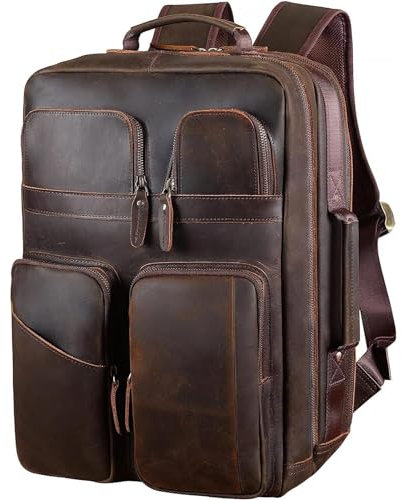 TIDING Leather Backpacks Vintage Travel Backpack for Men Multi Pockets Large Weekender Bag fit 17.3 Laptop Casual Daypack, Brown