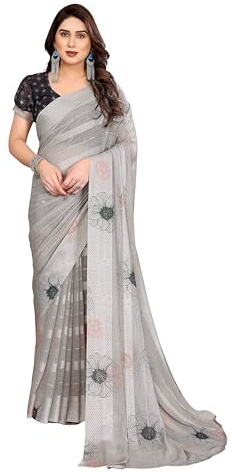 ETHNICMODE Indian Saree For Women Printed Georgette Light Weight Jari Party Wear Grey Sari With Unstitched Black Blouse Piece-1165