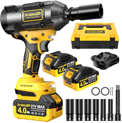 1500Nm Akku Schlagschrauber, 21V Bürstenloser Schlagschrauber mit 2 * 4000mAh Akkus 2800U/min 1/2 Impact Wrench mit 6 Stecknüssen & Verlängerungsstange & 2 LED Licht für Auto und Haushalt, Gelb