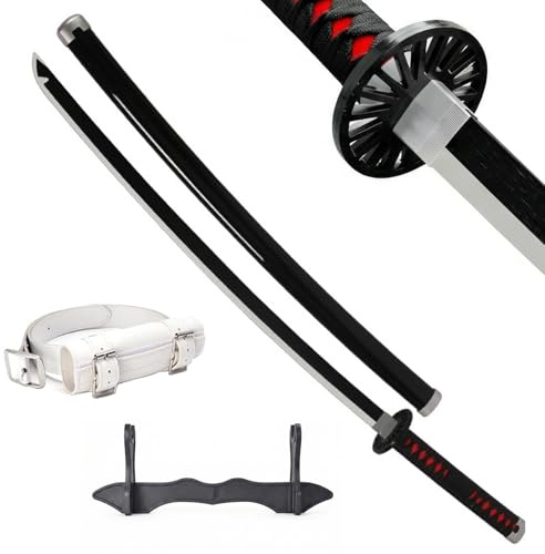 Wah Shing Yuen Spada demoniaca Katana Wood (Kamado Tanjirou) Set con Cintura e Supporto 102 cm Spada Samurai in bambù Nero (smussata) - Arma per Costume Cosplay Anime