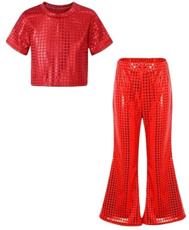 Paillettes Ensemble De Danse Enfant Filles 2 pièces Métallique Crop Top Pantalon Evasé années 70 années 80 Manches Courtes/ Longues Haut Pantalons Hip Hop Jazz Dancewear Performance Carnaval 1-16 Ans