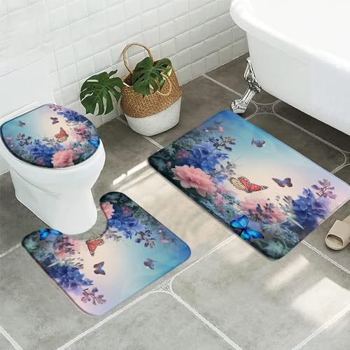 3 Piezas Juego De Alfombra De Baño Mariposa Tropical Jardín Primaveral Flower Azul Rosa Juego De Alfombrillas De Baño Durable Imprimir Alfombras De Cama, para Bathroom, Cocina, Dormitorio