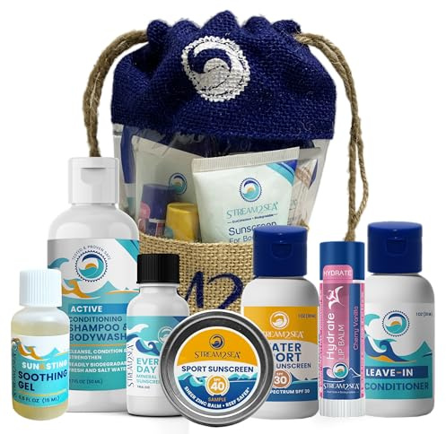 EcoConscious Travel Kit Body & Hair Care Gift Set | Shampoo & Body wash | Conditioner | SPF30, SPF20 and Mineral Sunscreen | SPF 30 Cucumber Mint and Hydrate Cherry Vanilla Lip Balm by Stream2Sea